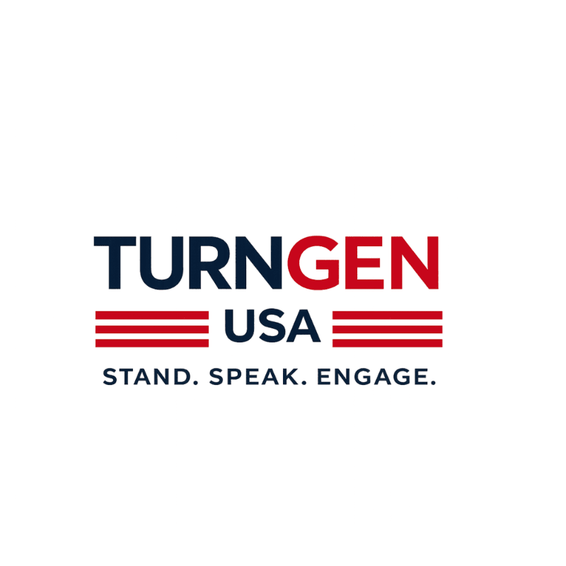 In the foreground, the words "TURNGEN USA" are displayed in bold, dark blue and red letters, with three horizontal red stripes on either side of "USA," all set against a clean white background.