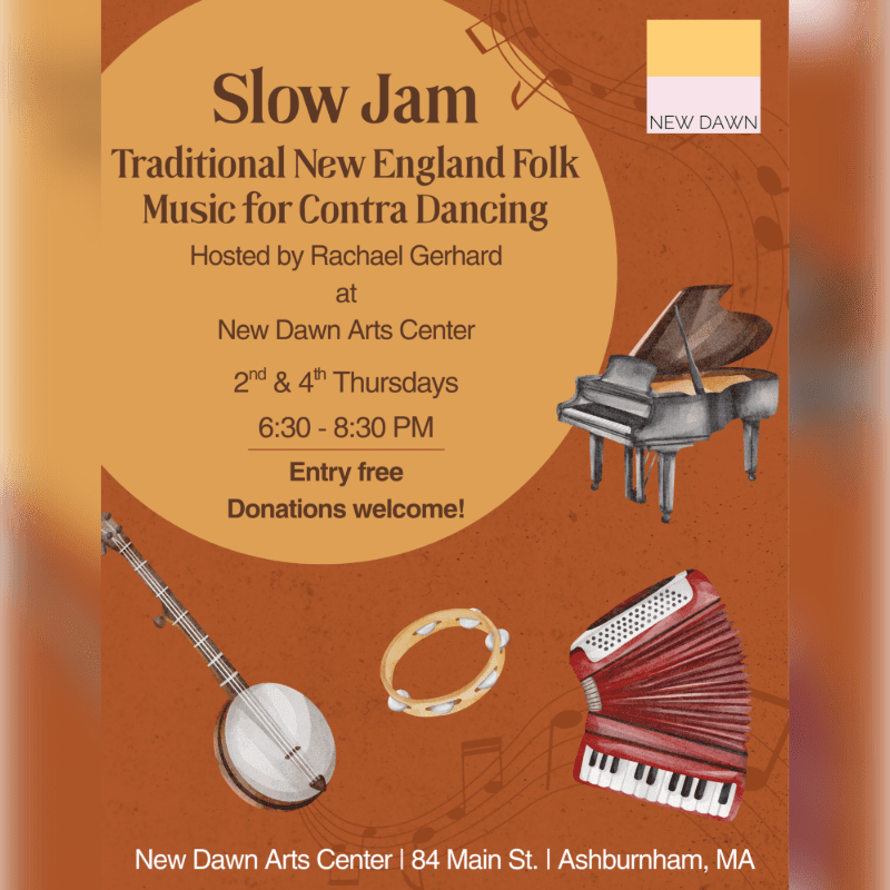 A banjo, tambourine, and accordion are in the foreground against a background of musical notes and a grand piano, advertising a "Slow Jam" event.