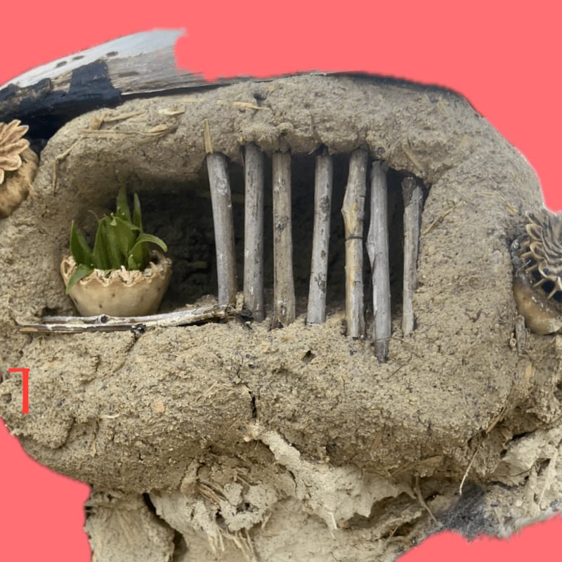 A rustic, handmade structure with a small potted plant in the foreground and a backdrop of rough, textured material.