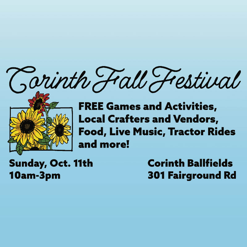 A sketch of sunflowers is in the foreground, with text announcing the Corinth Fall Festival and its details against a light blue background.