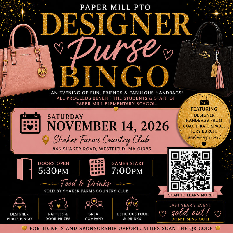 A pink and black flyer advertises a "Designer Purse Bingo" event hosted by Paper Mill PTO, featuring images of designer handbags in the foreground and event details against a sparkling black background.