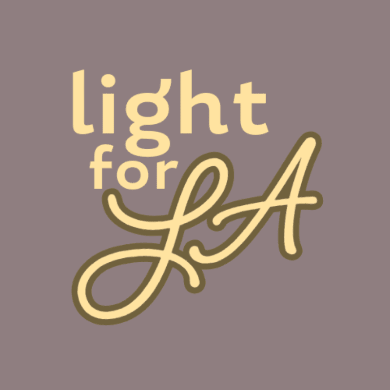 Yellow text reading "light for LA" in a stylized font is set against a muted purple background.