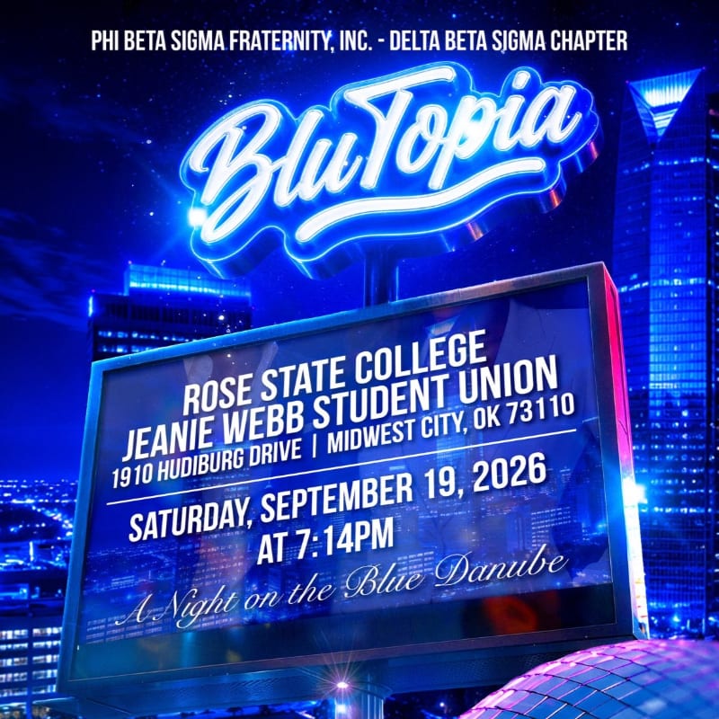 A neon "BluTopia" sign hovers above a digital billboard advertising a Phi Beta Sigma Fraternity event at Rose State College, set against a backdrop of a vibrant blue cityscape at night.