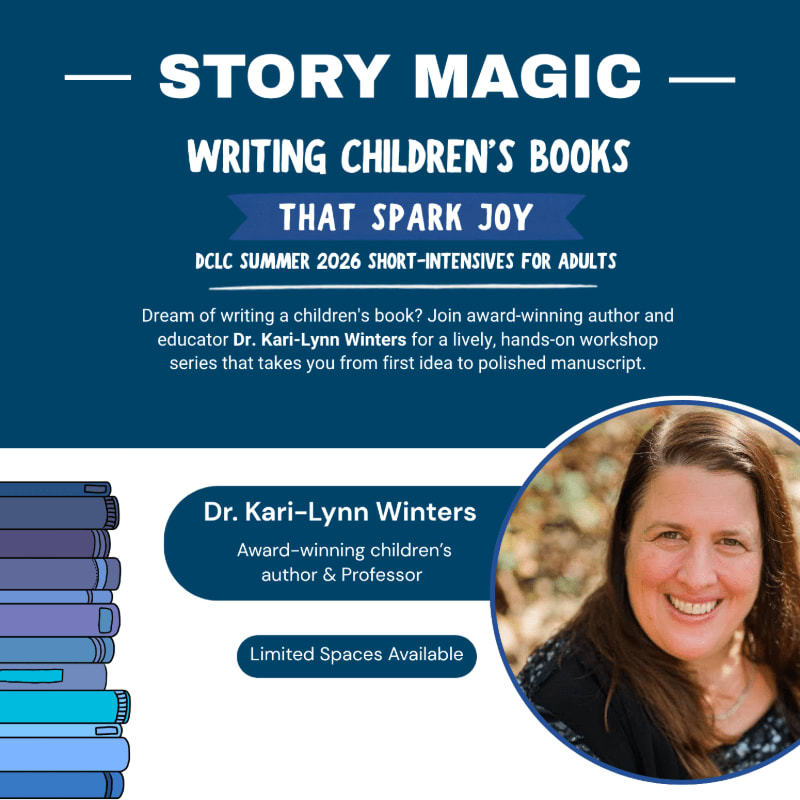 A stack of colorful books is in the foreground, while the background features text about a "Story Magic" workshop and a portrait of Dr. Kari-Lynn Winters.