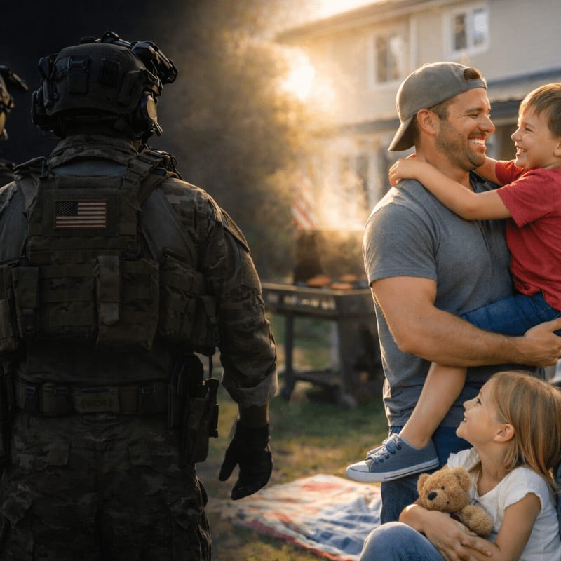 A soldier in tactical gear stands in the foreground, while a smiling father holds his children in the background, with a house and barbecue visible.