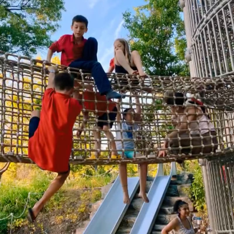 Children play on a rope bridge with slides in the background, surrounded by trees and a bright sky.