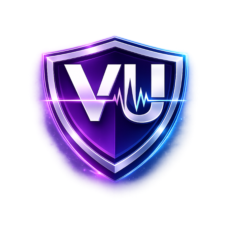 A metallic shield with the letters "VU" and a heartbeat line is illuminated by neon purple and blue light against a white background.