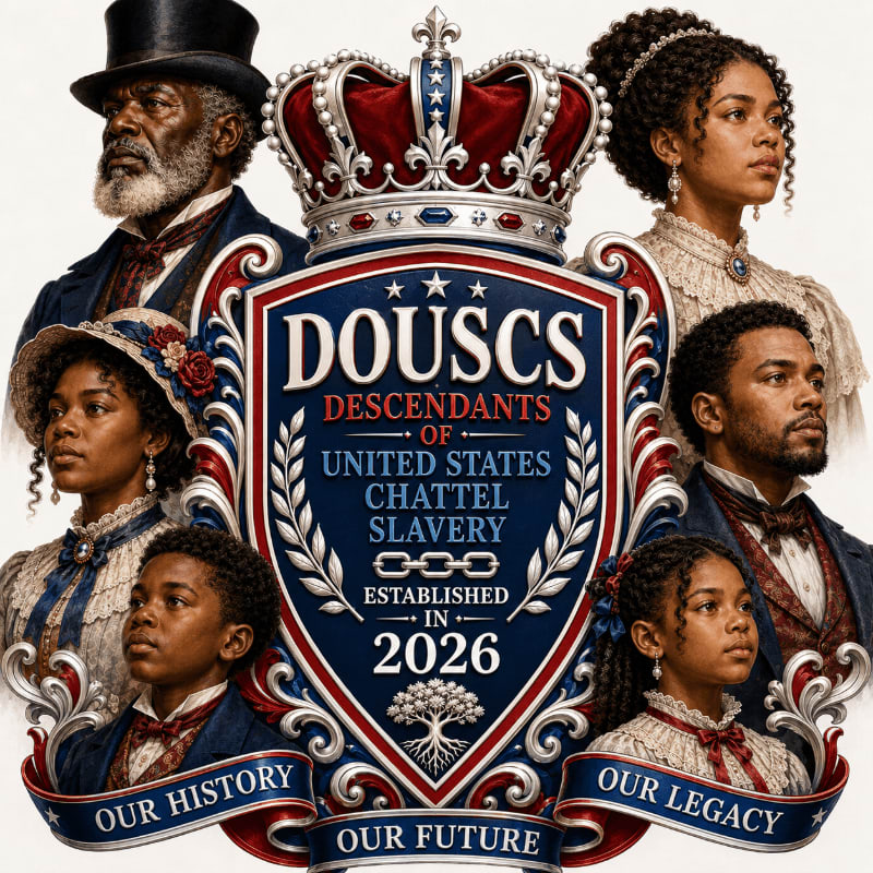 A crest with the words "DOUSCS DESCENDANTS OF UNITED STATES CHATTEL SLAVERY ESTABLISHED IN 2026" is surrounded by portraits of Black individuals of various ages, with "OUR HISTORY OUR FUTURE OUR LEGACY" inscribed below.