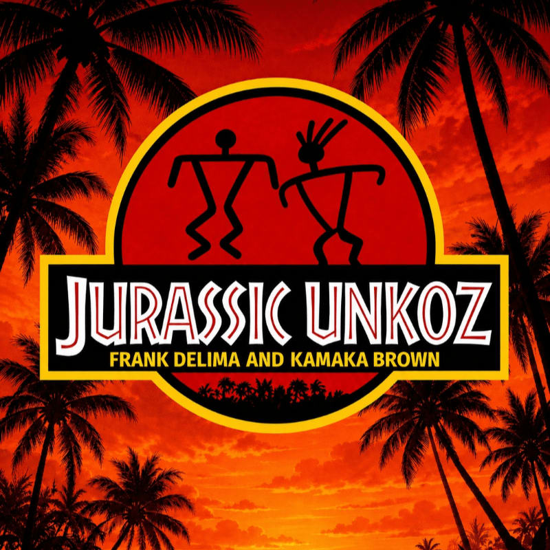 Silhouetted palm trees frame a vibrant sunset behind a logo for "Jurassic Unkoz" featuring stick figures and artist names.