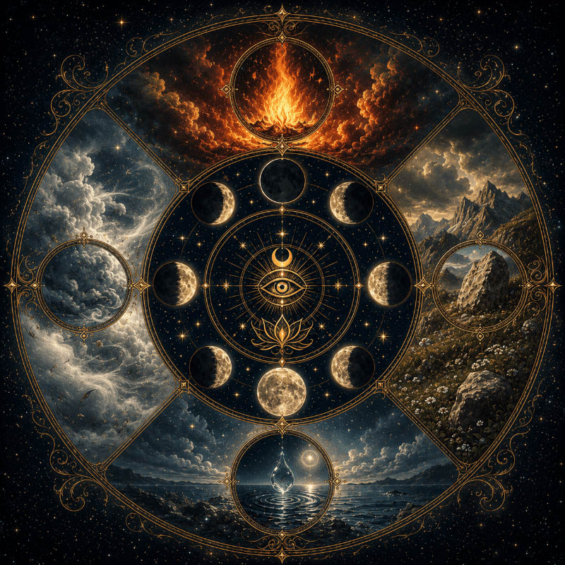 A celestial mandala featuring an all-seeing eye and moon phases in the foreground is set against a cosmic background of fiery clouds, stormy skies, rocky mountains, and a tranquil sea.