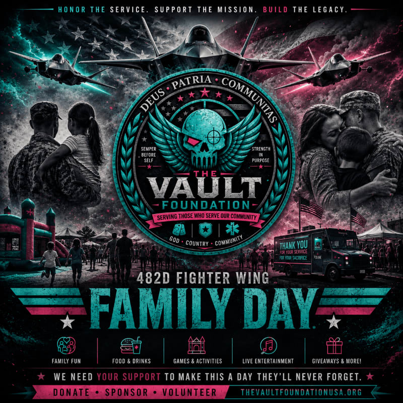 Fighter jets soar over a patriotic scene of military families and a foundation logo, with event details and calls to action at the bottom.