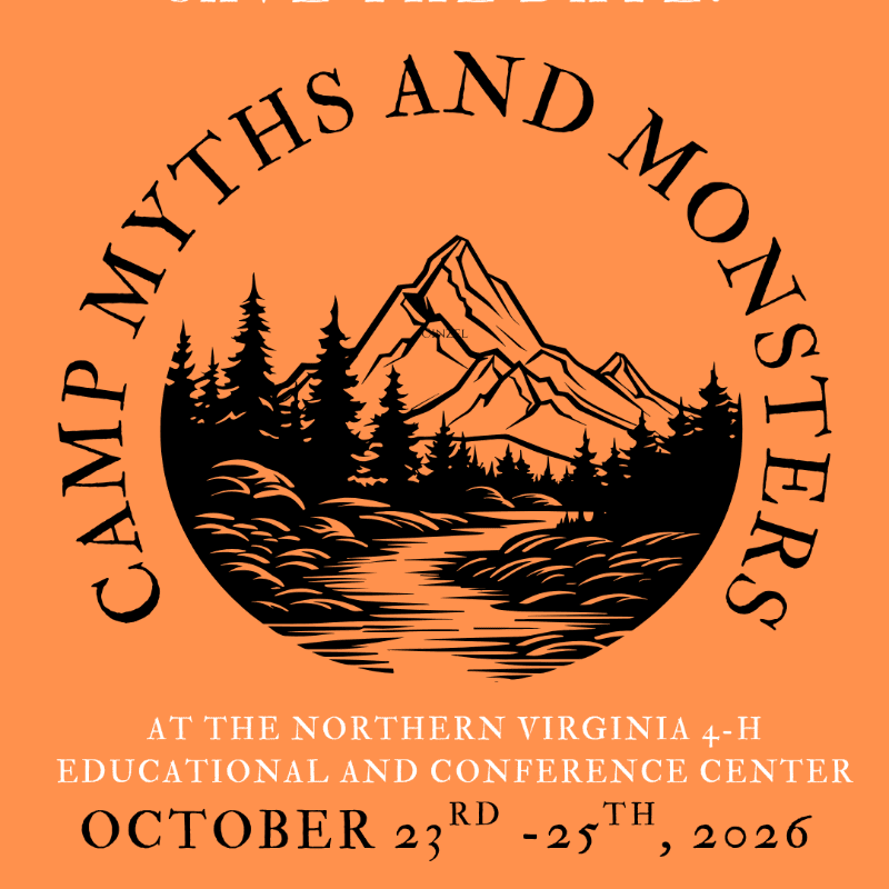 A circular emblem featuring a mountain range and forest scene in the foreground is set against an orange background with event details below.