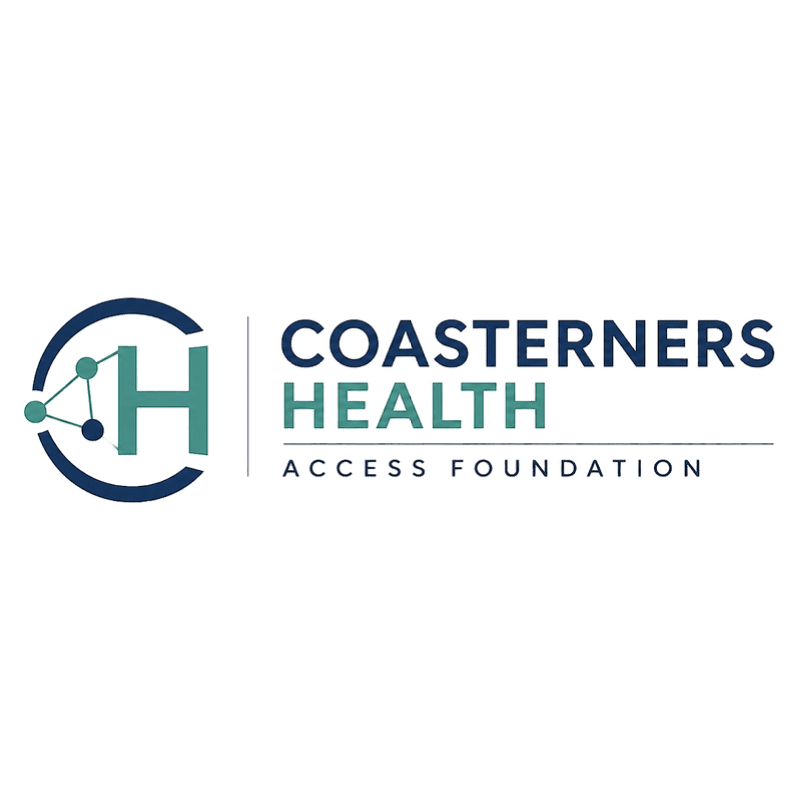 A logo with a stylized "H" inside a circle on the left, and the words "COASTERNERS HEALTH ACCESS FOUNDATION" to the right, all on a white background.