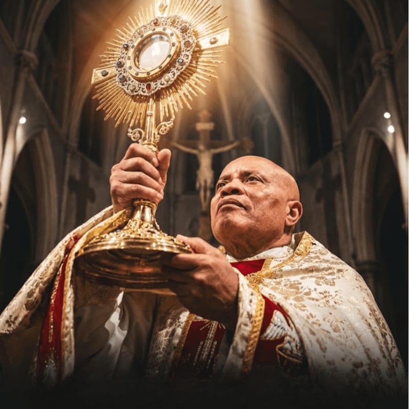 A priest in ornate vestments holds a monstrance aloft in a dimly lit church, with a crucifix visible in the background.
