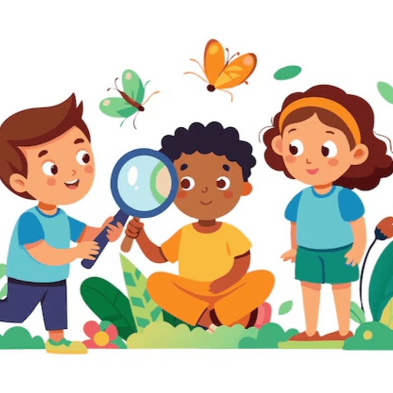 Three children are in the foreground, with two looking at butterflies flying in the background amidst lush green foliage.