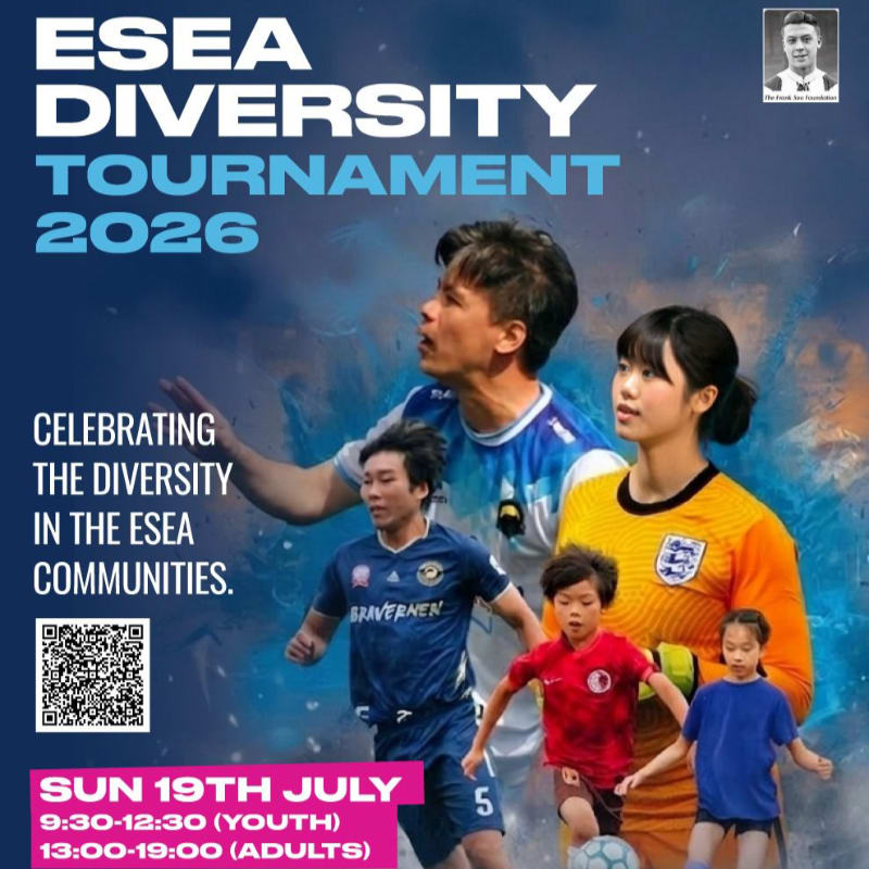 A group of diverse individuals, including children and adults in soccer jerseys, are featured in the foreground against a blue, smoky background with tournament details.