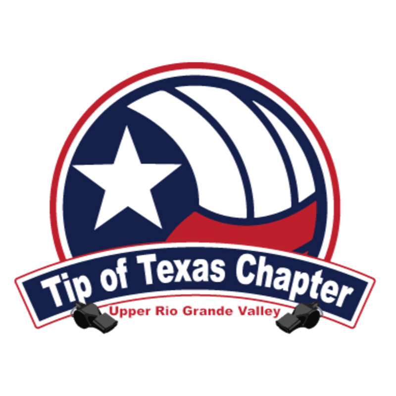 A circular logo with a white star on a blue background and red and white stripes is displayed above a banner that reads "Tip of Texas Chapter" and "Upper Rio Grande Valley," with two black whistles in the foreground.