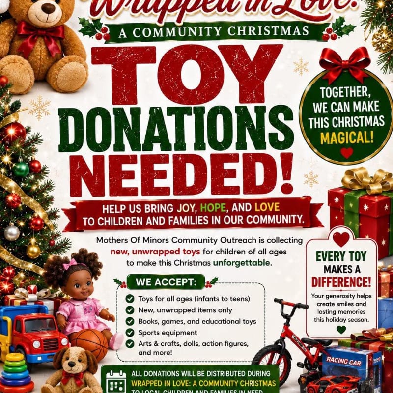 A festive Christmas poster with a teddy bear and decorated tree in the foreground, and bold text announcing "TOY DONATIONS NEEDED!" in the background.