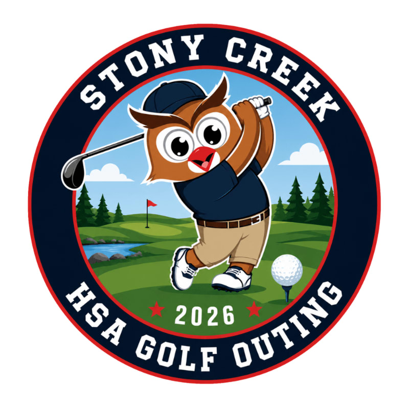A cartoon owl in a golf outfit swings a club on a golf course with trees and a pond in the background, all within a circular emblem that reads "STONY CREEK HSA GOLF OUTING 2026".