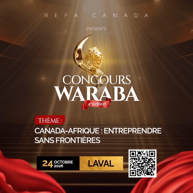 A golden lion trophy with the text "CONCOURS WARABA 4° edition" is centered against a spotlighted background, with red drapery in the foreground and event details at the bottom.