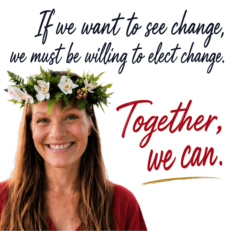 A smiling woman wearing a floral crown is featured in the foreground, with text about electing change and unity in the background.