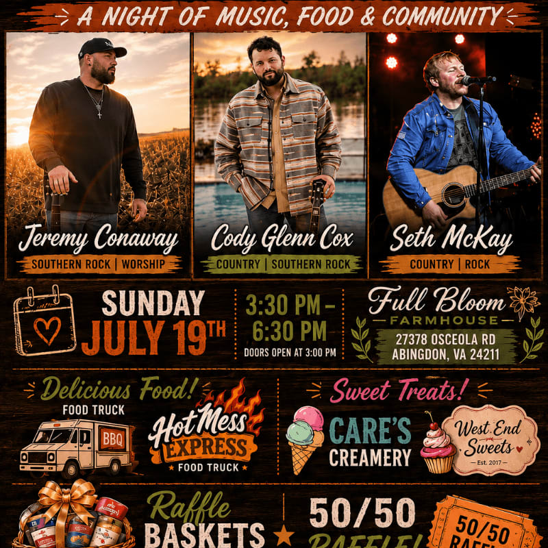 Three musicians are featured in the foreground against a background advertising a community event with food and music details.