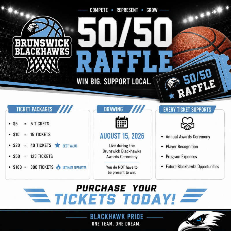 A basketball court with a large "50/50 Raffle" graphic and ticket package details in the foreground, and a basketball and raffle tickets in the background.