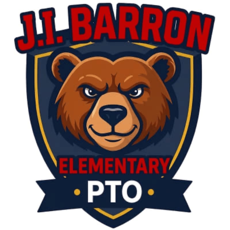 A cartoon bear's face is centered within a shield with "J.I. BARRON ELEMENTARY PTO" written above and below it, all on a white background.