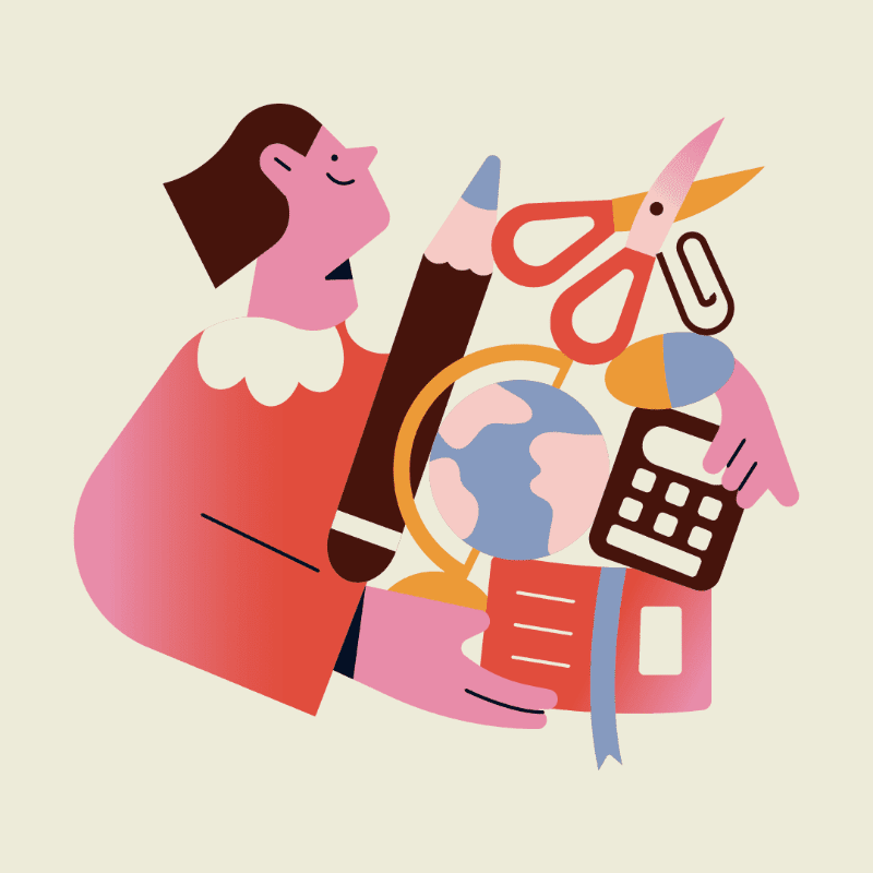 A person in a pink outfit holds a collection of school supplies, including a globe, pencil, scissors, and calculator, against a plain cream background.