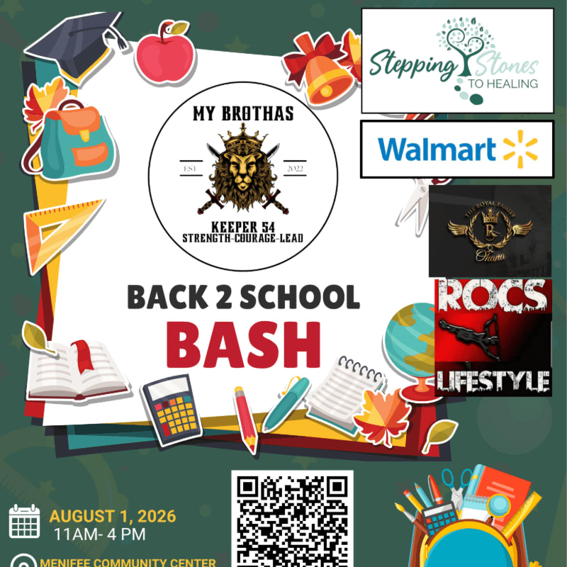A "Back 2 School Bash" event is advertised with school supplies in the foreground and logos of sponsors like Walmart in the background.