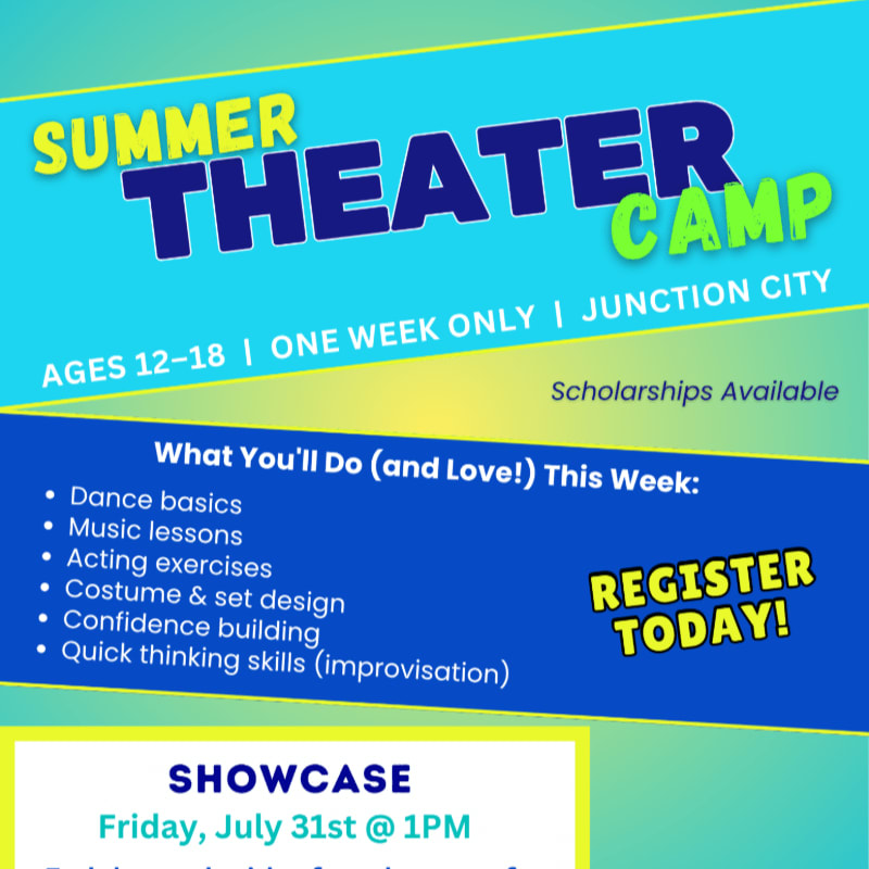 A vibrant blue and yellow poster advertises a summer theater camp for ages 12-18 in Junction City, detailing activities and a showcase date, with a "Register Today!" call to action.