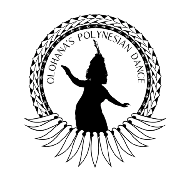 A silhouette of a Polynesian dancer in traditional headdress and attire is framed by a circular, patterned border and decorative feather-like elements.