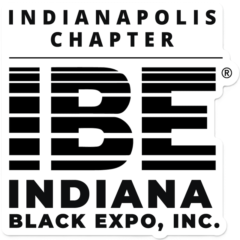 A black and white logo for the Indianapolis Chapter of the Indiana Black Expo, Inc. features the bold letters "IBE" in the foreground against a white background.