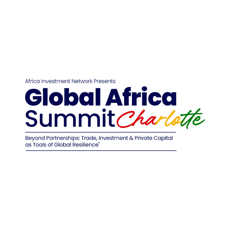A white background hosts the text "Africa Investment Network Presents Global Africa Summit Charlotte" in varying colors and fonts, with a tagline below.