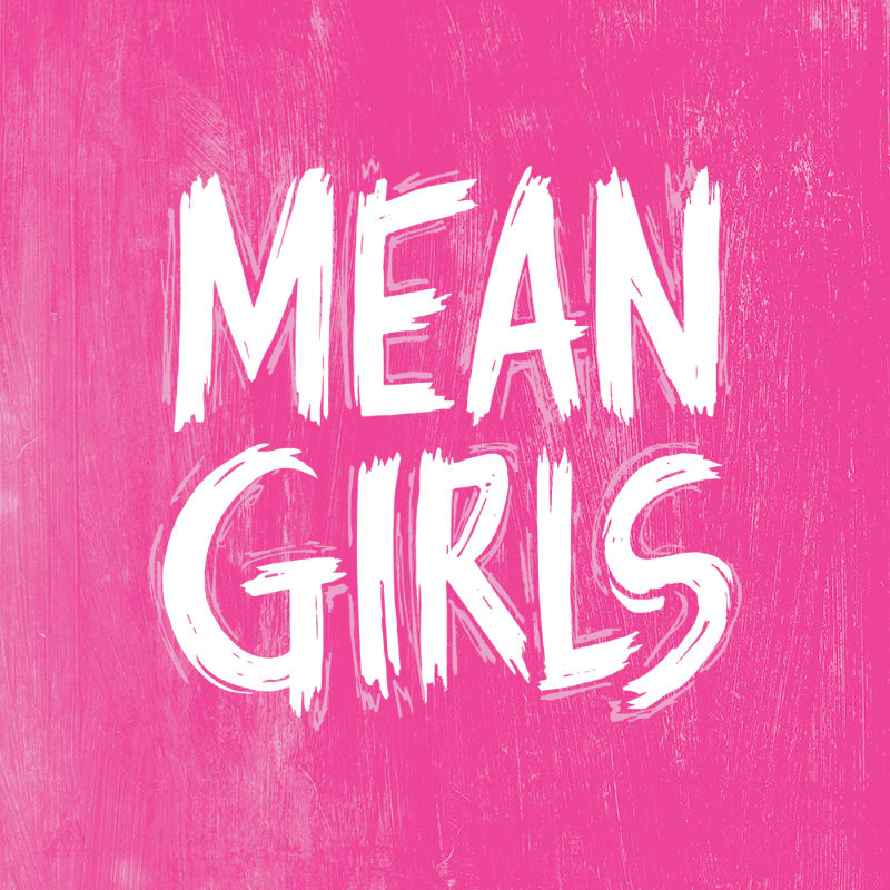 White, brushstroke lettering spelling "MEAN GIRLS" is centered on a textured, vibrant pink background.