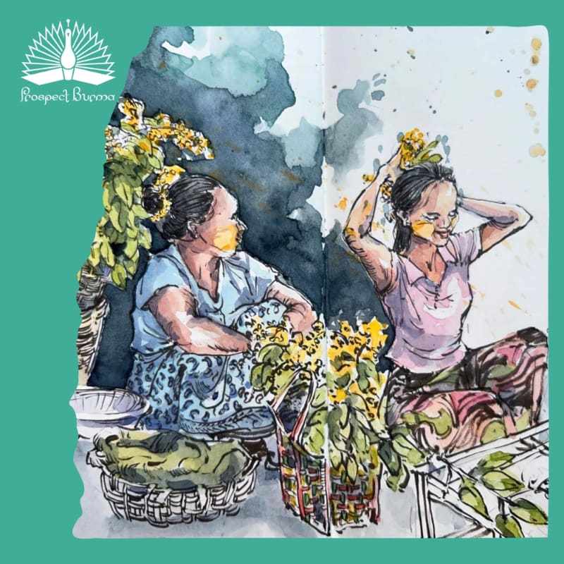 Two women are shown in the foreground, one arranging flowers in her hair and the other looking to the side, with a dark, textured background behind them.