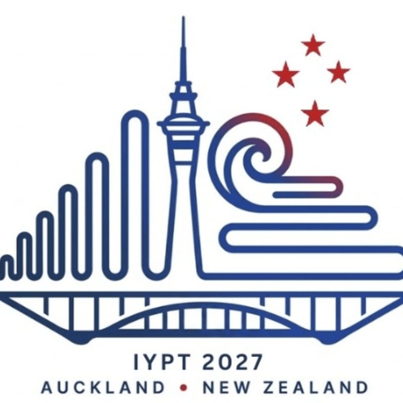 A stylized blue line drawing of Auckland's skyline, featuring the Sky Tower and a bridge, is set against a white background with four red stars in the upper right corner, and the text "IYPT 2027 AUCKLAND NEW ZEALAND" below.