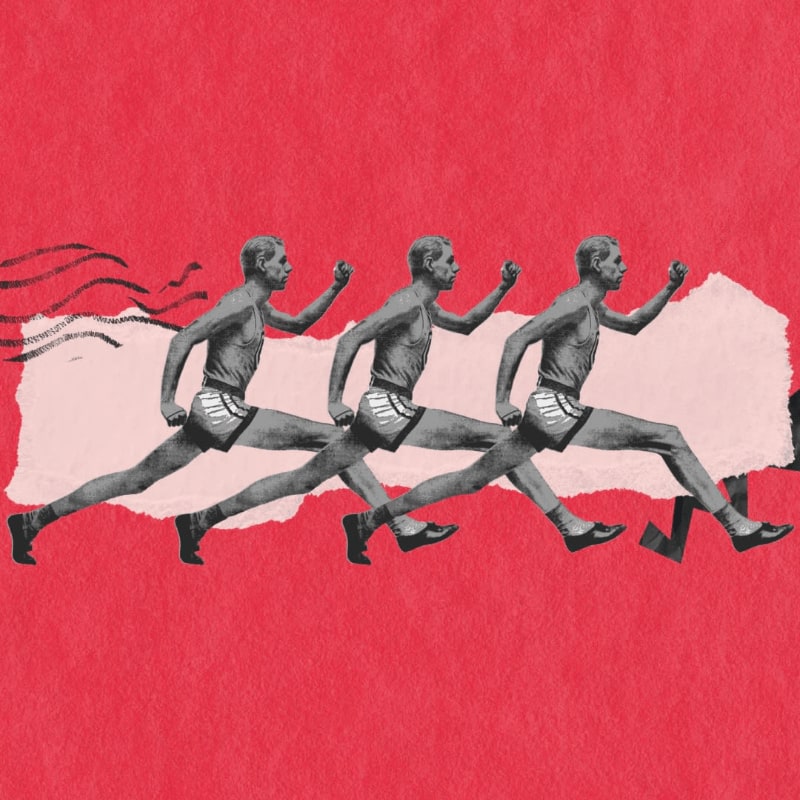 Three silhouetted runners stride across a textured red background with torn paper elements.