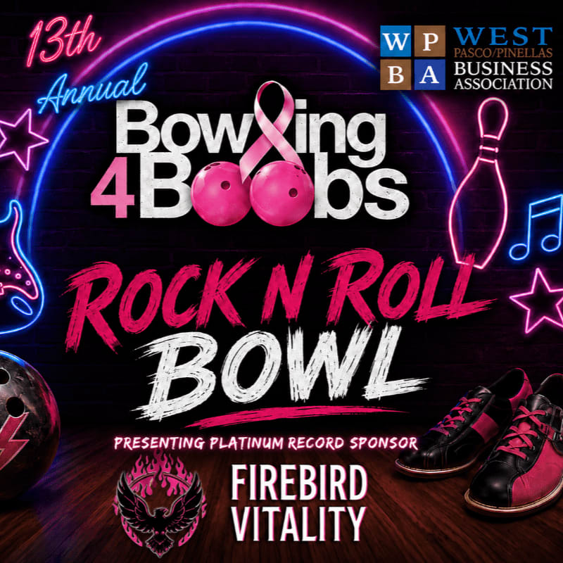 A bowling ball and shoes rest on a wooden floor in the foreground, while the background features neon signs advertising the "13th Annual Bowling 4Boobs Rock N Roll Bowl" event.
