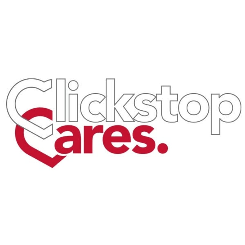 A red heart with the word "Cares." in red text is in the foreground, with the word "Clickstop" in outline font in the background against a white backdrop.
