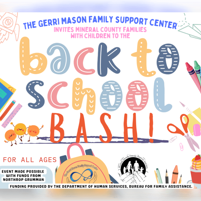 Colorful crayons, pencils, and scissors frame a "Back to School Bash" announcement in the foreground, with a rocket and building sketches in the background.