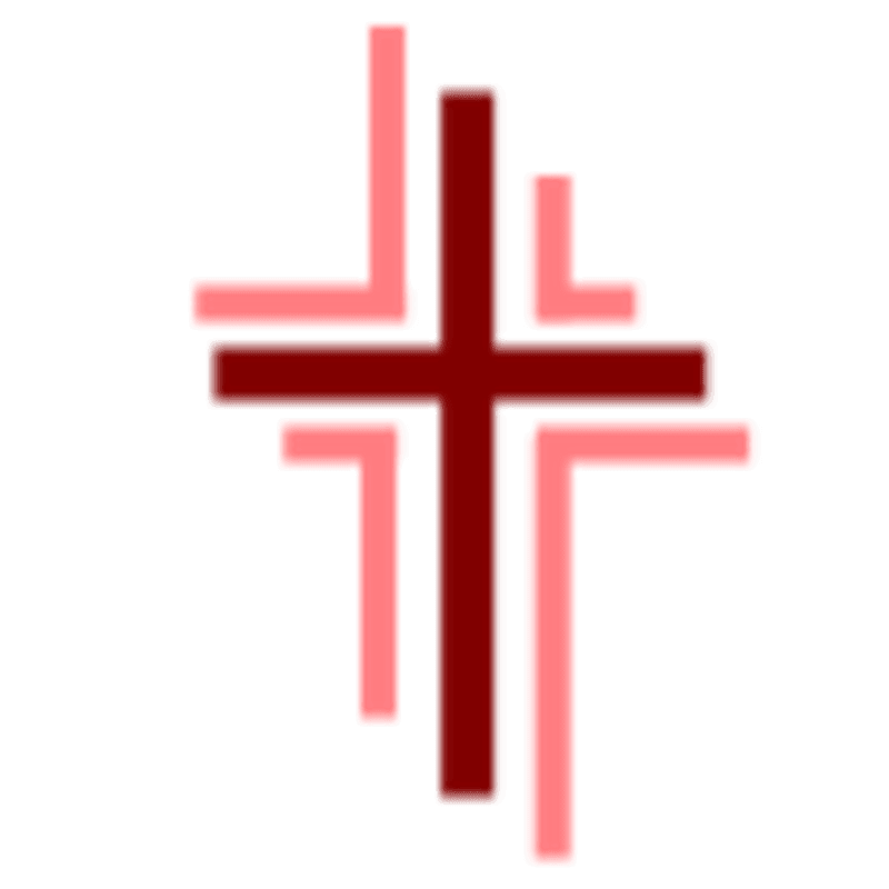 A dark red cross is superimposed on a lighter pink cross design against a white background.