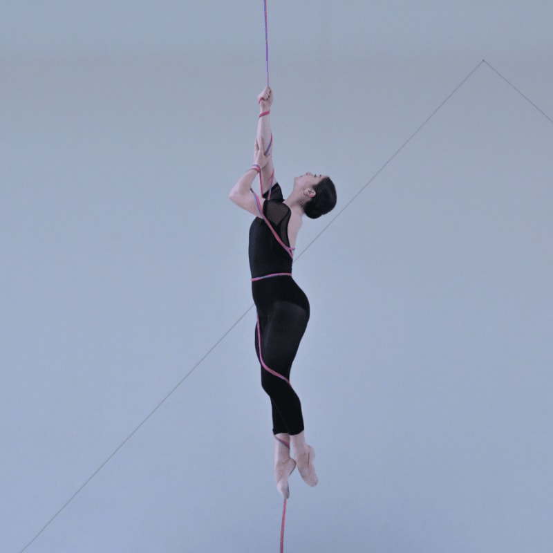 A ballerina in a black leotard gracefully ascends a rope against a pale blue background with geometric lines.