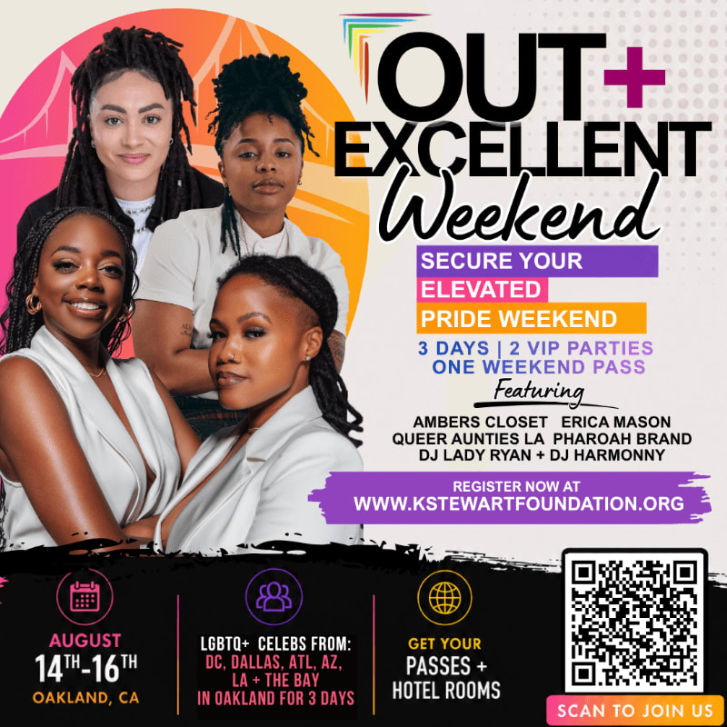 Four women are featured in the foreground against a vibrant background advertising the "OUT+ EXCELLENT WEEKEND" event.