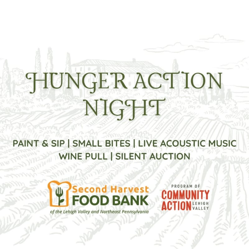 A stylized vineyard landscape with rolling hills and trees forms the background for text announcing "Hunger Action Night" and event details, with the Second Harvest Food Bank logo in the foreground.