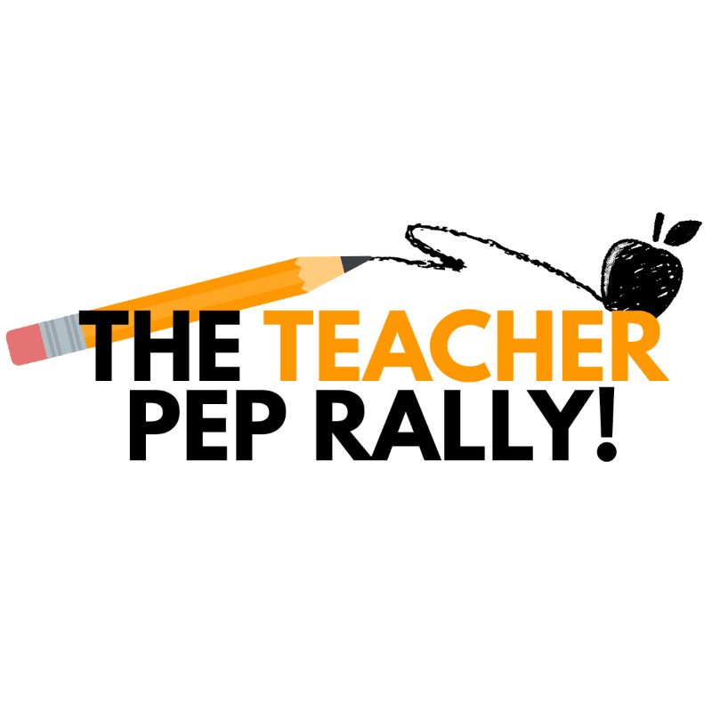 A yellow pencil draws a black line that forms an apple, with the words "THE TEACHER PEP RALLY!" in orange and black text against a white background.