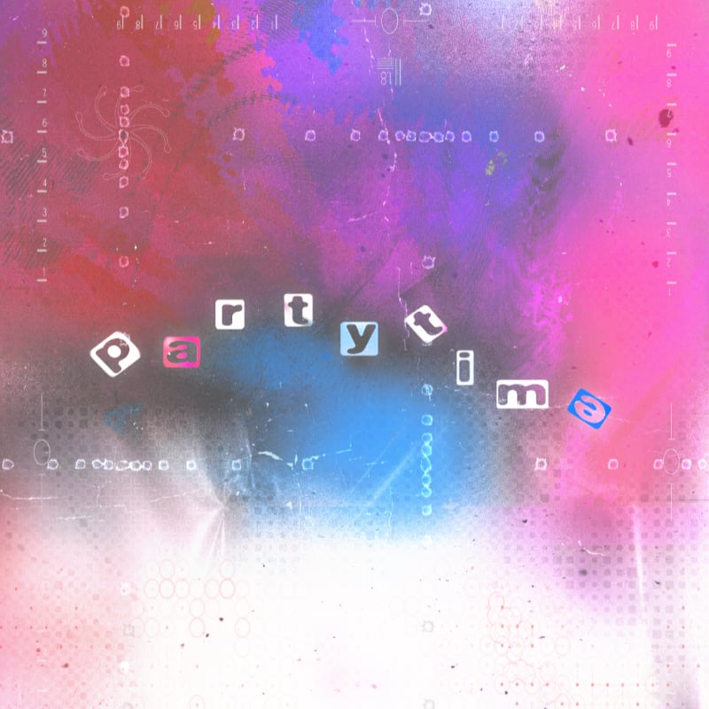 Floating white lettered cubes spell out "pretty time" against a vibrant, abstract background of pink and blue hues with digital patterns.