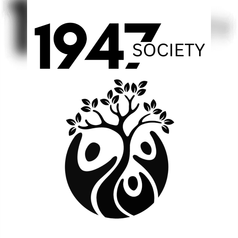 A black and white logo features the text "1947 SOCIETY" above a circular emblem of a stylized tree with three figures reaching upwards.