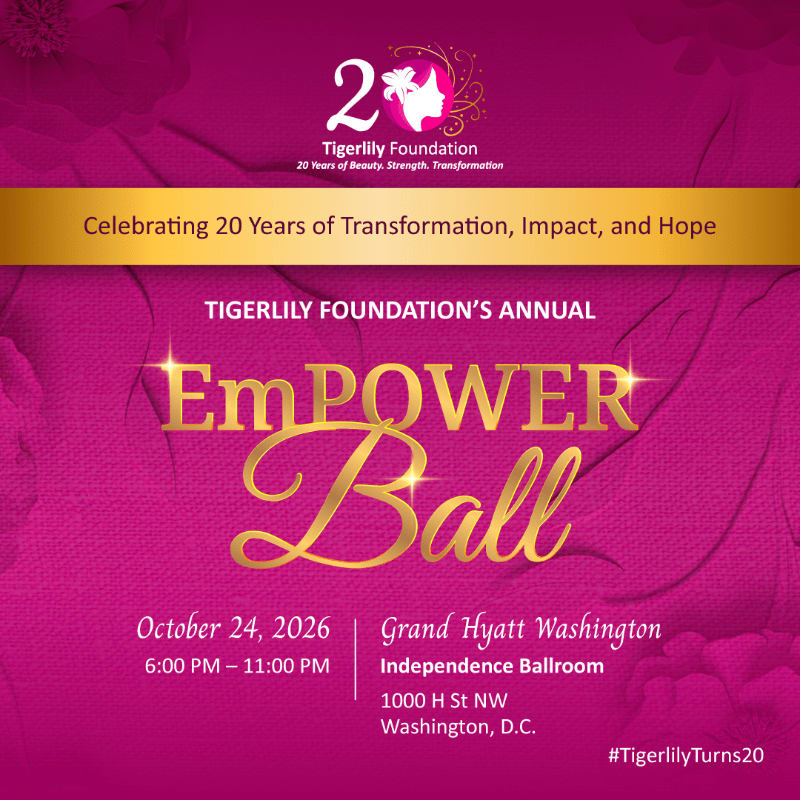 A pink, satin-like background frames the text for the Tigerlily Foundation's Annual EmPOWER Ball, an event celebrating 20 years of transformation, impact, and hope.