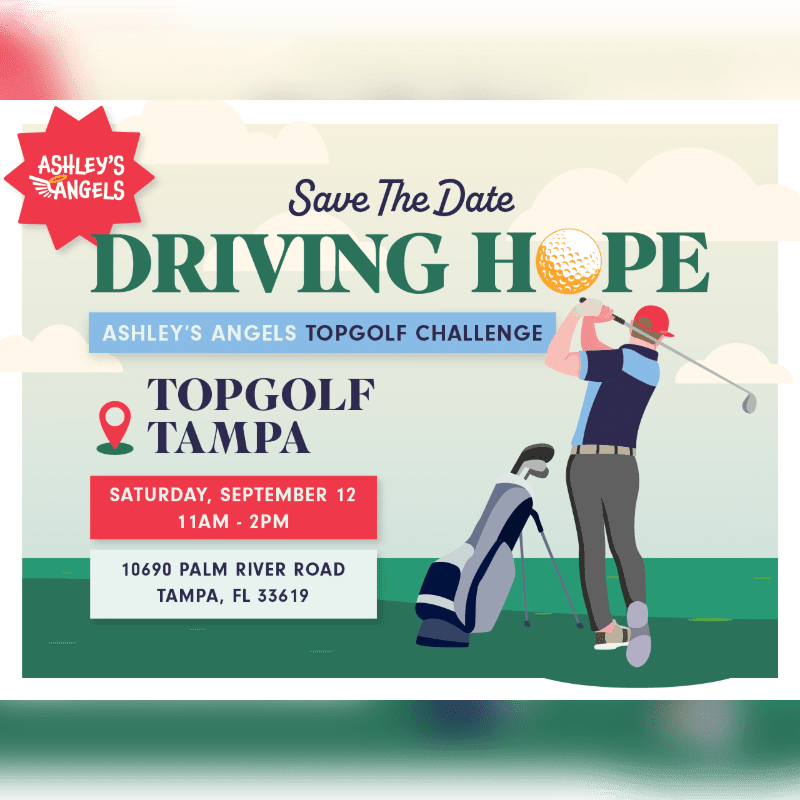 A golfer swings at a ball in front of a golf bag, with event details for Ashley's Angels Topgolf Challenge in Tampa on a light background.